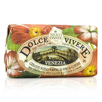 Dolce Vivere Jabón Fino Natural - Venezia - Geranio rojo, nube de arroz y flor de algodón
