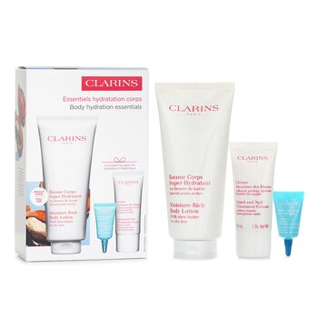 Clarins Perfect Hydration Body Set: Super Hydrating Body Balm 200ml+Youthful Hand Cream 30ml+Hydra Essentiel Reparing Lip Balm 3ml